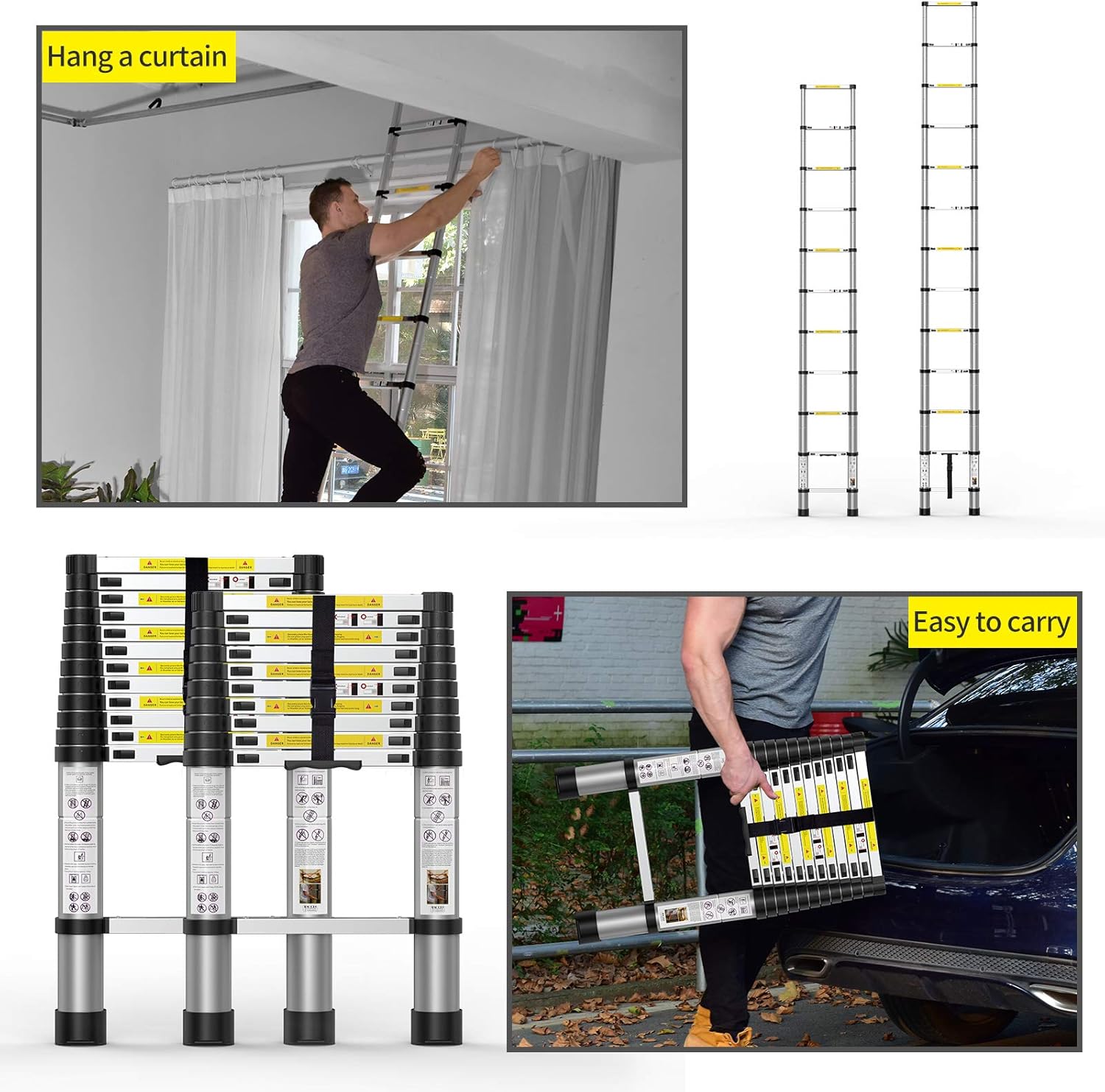 Telescoping Extension Ladder 12.5FT, Aluminum Telescopic Ladders with Carry Bag for Outdoor Indoor Use - - 