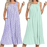 Ekouaer 2 Pack Nightgowns for Women Sleeveless Long Night Gowns Victorian Nightdress with Pockets Soft Ladies Gown