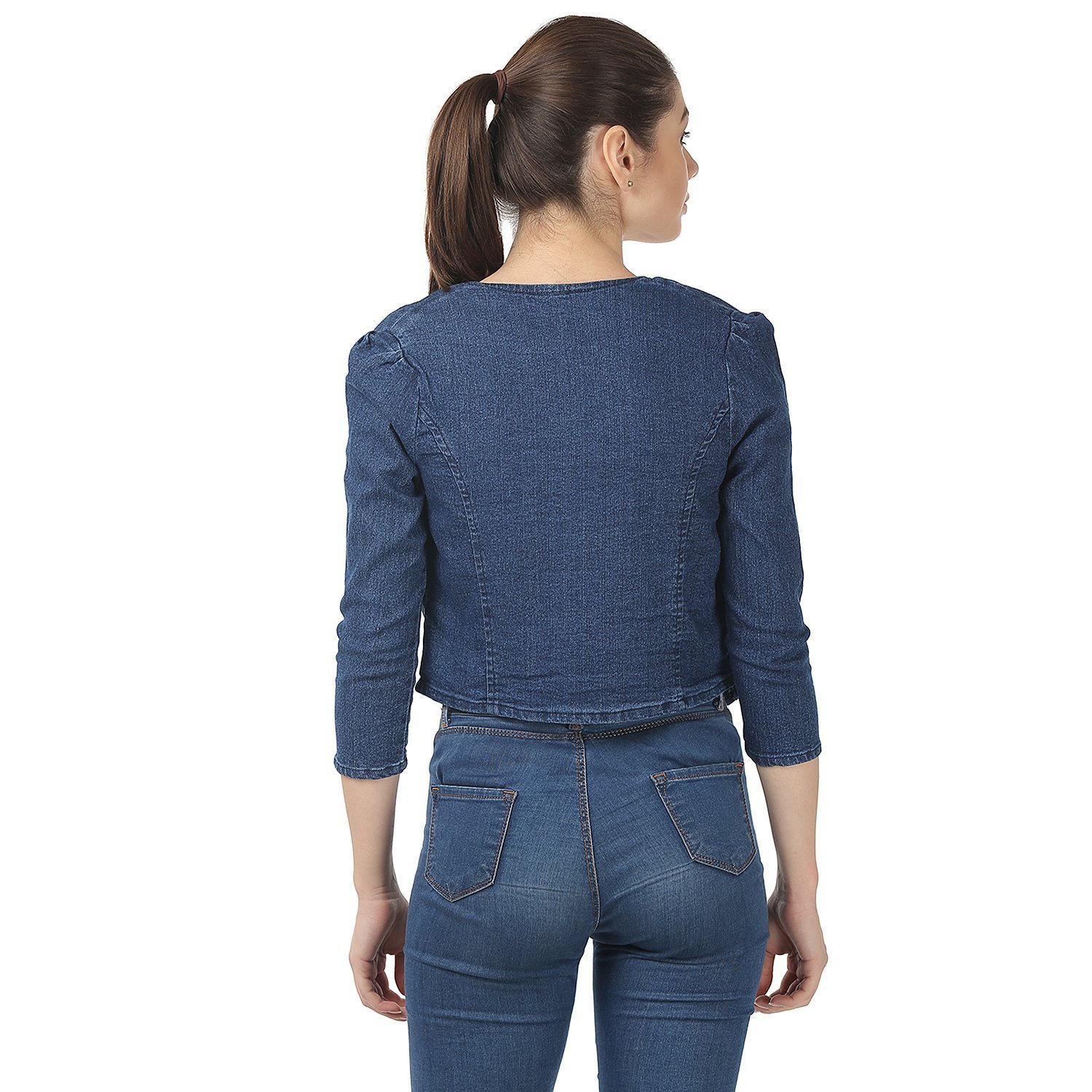 my swag blue denim 3/4 sleeve shrug for women