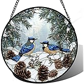HWRHTR Stained Glass Window Hanging - Blue Bird Winter Forest Landscape Suncatcher for Door Garden Yard Sun Catchers Decor Christmas Mother's Day Birthday Gifts for Women Mom Nana Friend 6.3 in