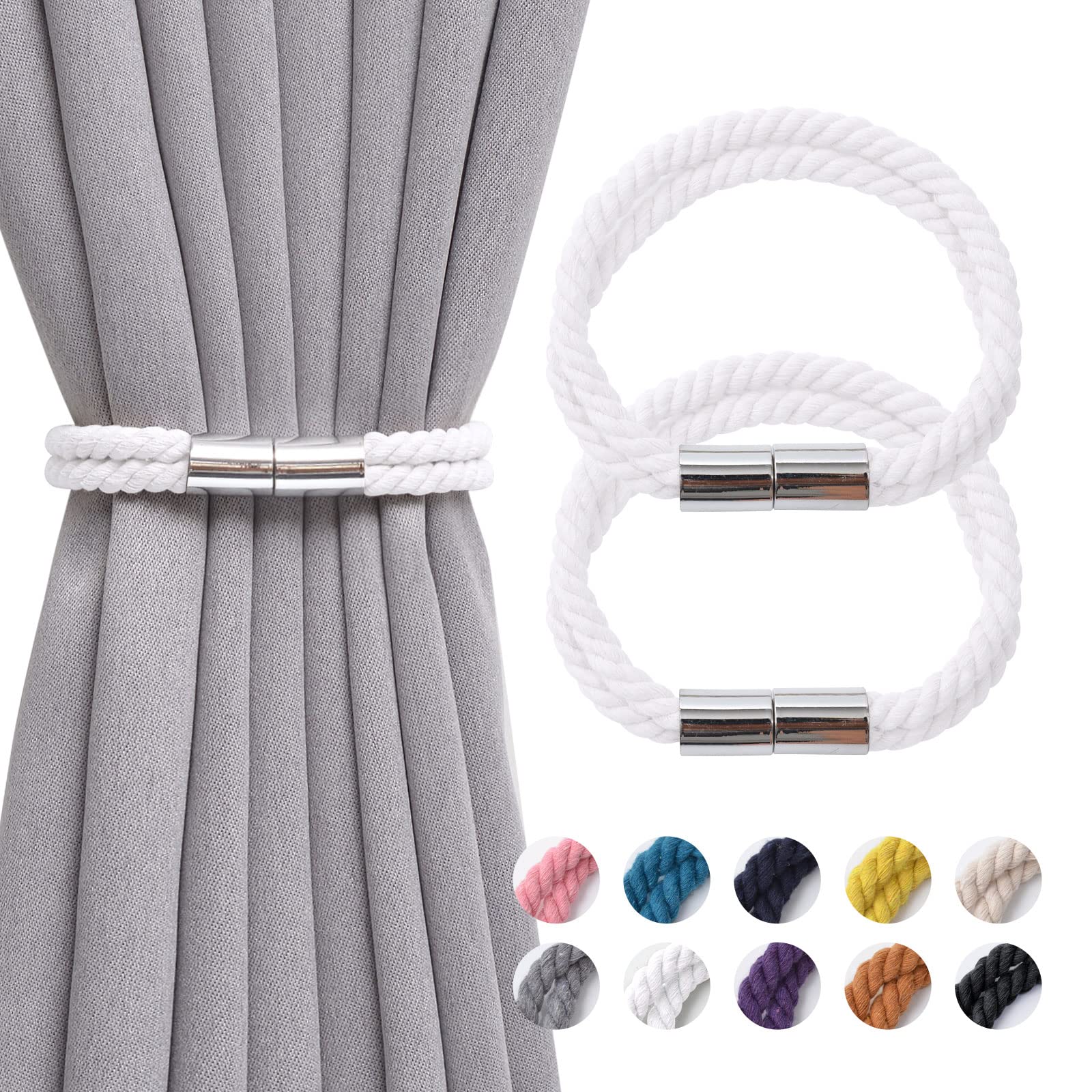 Pretty Jolly 2 Pack Strong Magnetic Curtain Tiebacks Boho Decoration Drape Tie Backs Natural Cotton Handmade Double Rope Curtain Holdbacks for Thin or Thick Home & Office Window Drapery (White)