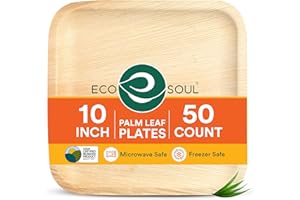 ECO SOUL Compostable 10 Inch Palm Leaf Square Plates (50 Count) Like Bamboo Plates | Biodegradable | Eco-Friendly, Microwave & Oven Safe