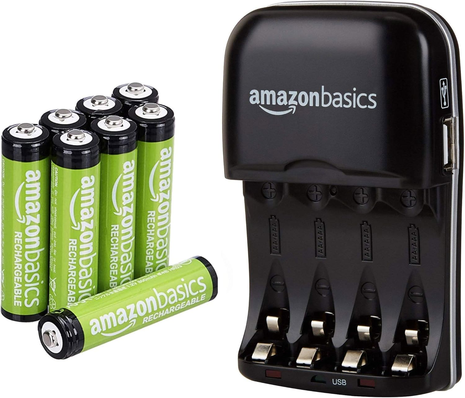 Basics AAA Rechargeable Batteries (8-Pack) and Ni-MH AA & AAA Battery Charger With USB Port Set: Home Audio & Theater