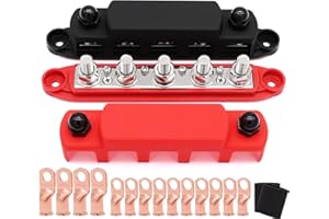 Fuzbaxy 300A 5 Stud Bus Bar 12V-48V DC Power Distribution Block,5 x 3/8" (M10) Battery Terminal Studs with 14PCS 3:1 Heat Shrink Tubing for Marine Automotive RV Car (Red&Black)