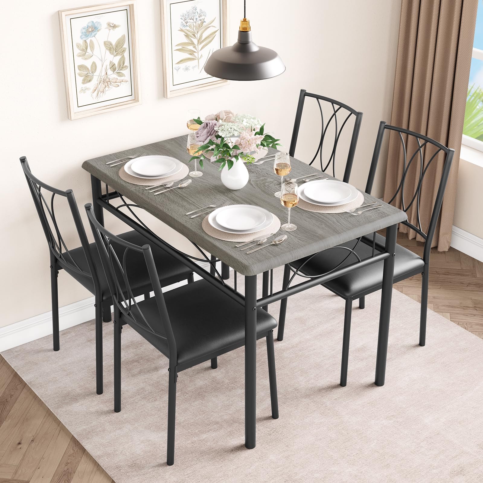 Photo 1 of IDEALHOUSE Dining Table Set for 4, Kitchen Table and Chairs for 4, Rectangular Dining Room Table Set with 4 Upholstered Chairs, 5 Piece Dining Table Set for Small Space, Apartment, Rustic Gray
