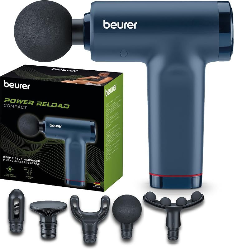 PowerReload compact Massagepistole, professionelle Triggerpunktmassage für Entspannung & Regeneration, kraftvolles Muskelmassagerät mit 5 Aufsätzen, 5 Intensitätsstufen, extrem leise