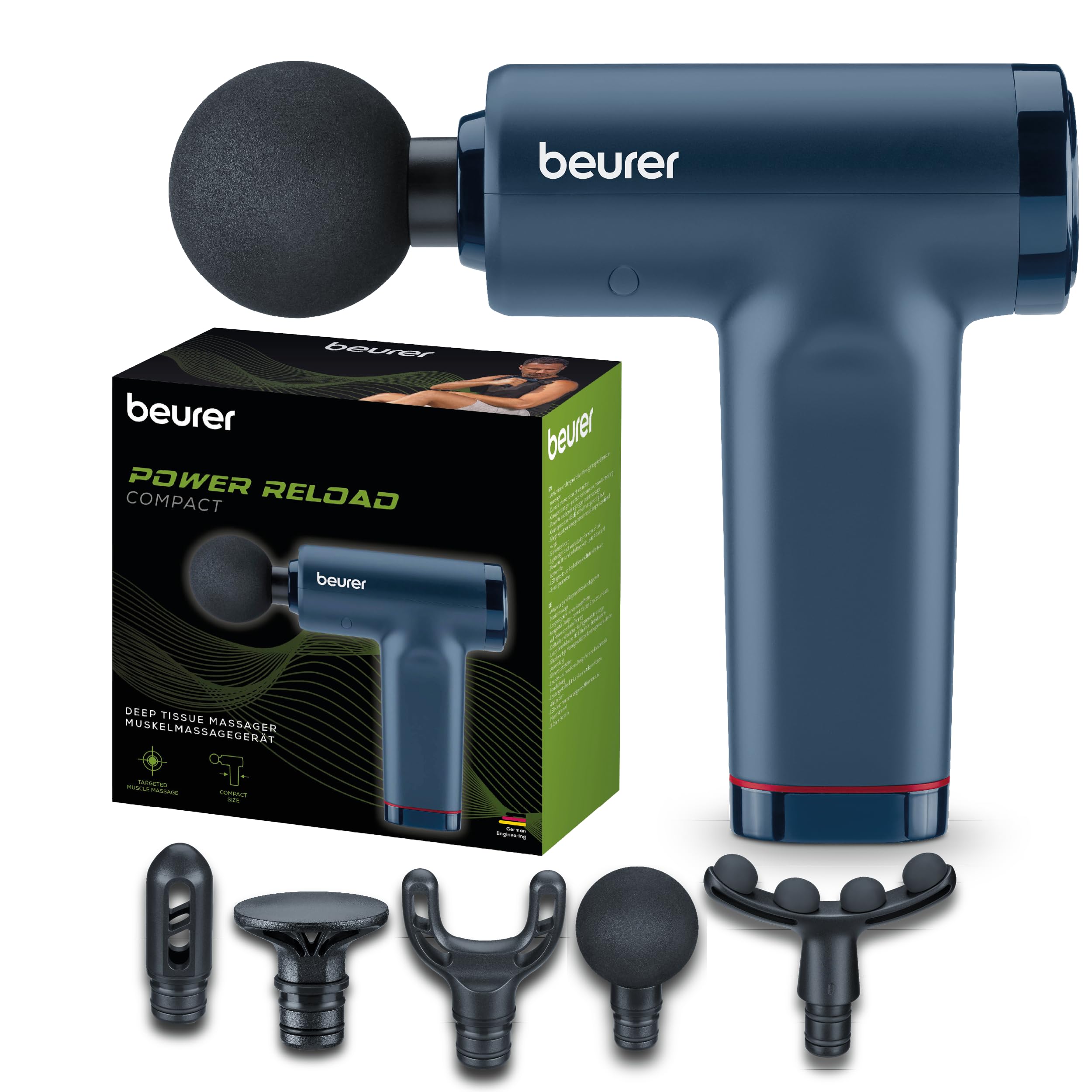 Beurer PowerReload Massagepistole, professionelle Triggerpunktmassage für Entspannung & Regeneration, kraftvolles Muskelmassagerät mit 5 Aufsätzen, 5 Intensitätsstufen, extrem leise & Akku bis zu 4h