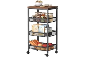 Hoctieon Rolling Storage Cart, 4-Tier Wide Panel Kitchen Storage Cart, Utility Carts with Handle & Wheels, Mobile Shelving Unit, Metal Frame Narrow Carts for Home Kitchen, Laundry, Rustic Brown