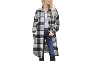 YEEKISUS Women's 2024 Plaid Shacket Jacket Casual Button Wool Blend Long Tartan Trench Coat with Pockets Fall Winter