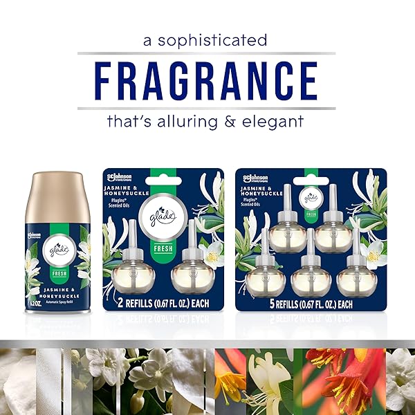 GLADE PLUGINS REFILLS AIR FRESHENER, JASMINE & HONEYSUCKLE, SCENTED AND ESSENTIAL OILS FOR HOME AND BATHROOM, 0.67 FL OZ, 5 COUNT
