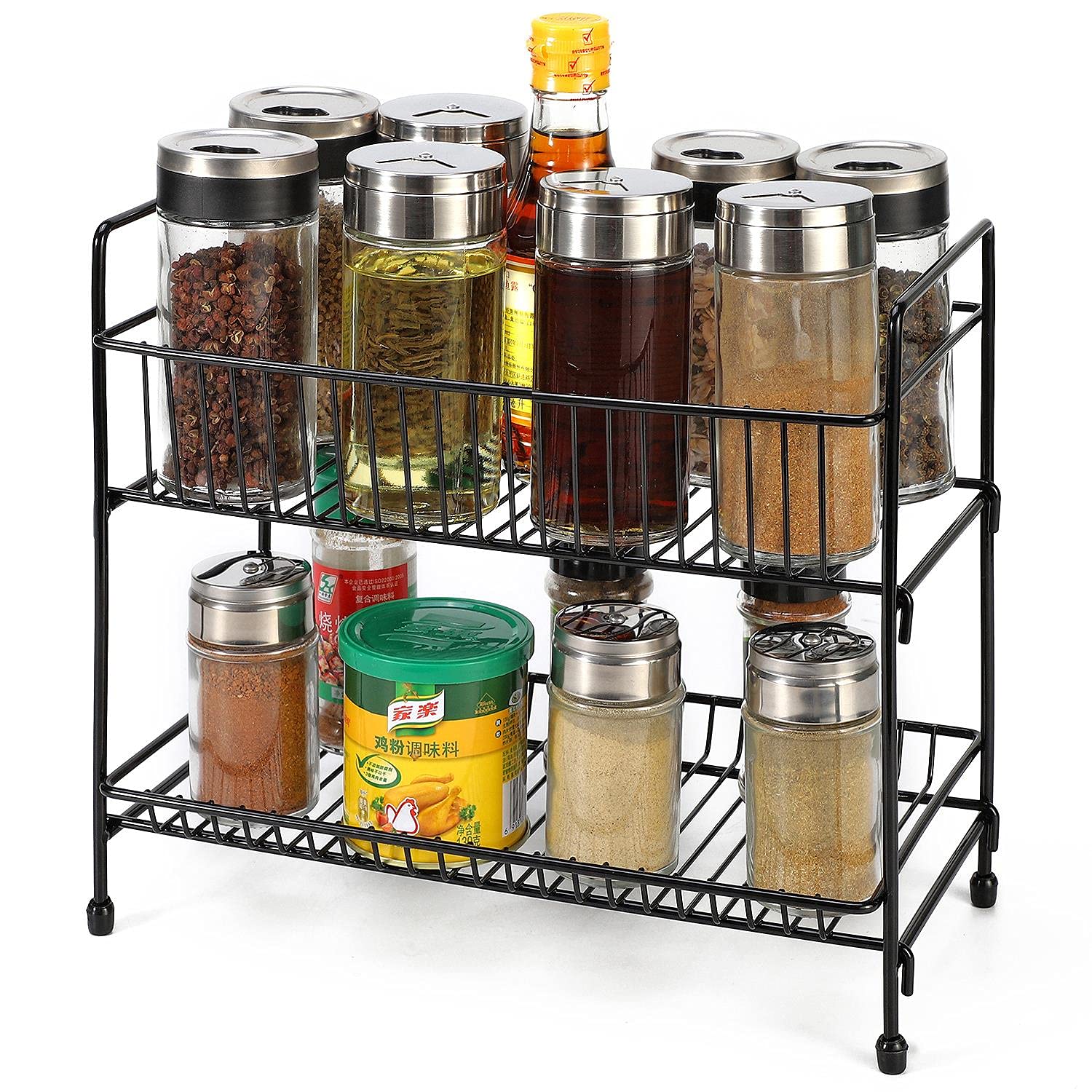 Vinsani 2 Tier Free Standing Spice Rack - Cupboard Wall Kitchen Counter Storage Organiser Holder Perfect for Spice Jars, Herb Seasonings and Bottled Condiments – Black
