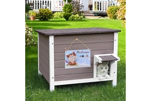Deblue Insulated Cat Houses for Outdoor Cats, Weatherproof Feral Cat House with All-Round Foam, Wooden Cat Shelter for Multiple Cats - Grey