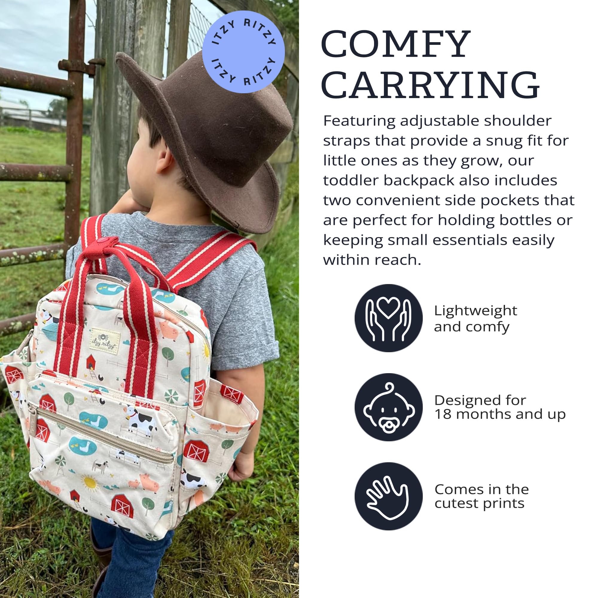 Itzy Ritzy Toddler Backpack - Daycare Bag - Features Adjustable Shoulder Straps, 2 Side Pockets & Spacious Interior with Wipeable Fabric Lining & Name Label, Farm Backpack