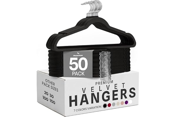 Utopia Home Velvet Hangers 50 Pack, Heavy Duty, Non-Slip, Space Saving Felt Clothes Hangers with 360° Hook & Notches (Black)