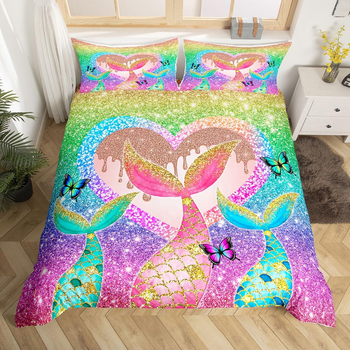 Mermaid Duvet Cover Set Single Size, Colorful Glitter Comforter Cover with 1 Pillowcase, Mermaid Tail Butterfly Bedding Set 2pcs for Kids Girls Adults Bedroom Decor Lightweight Bedspread Cover — image 1