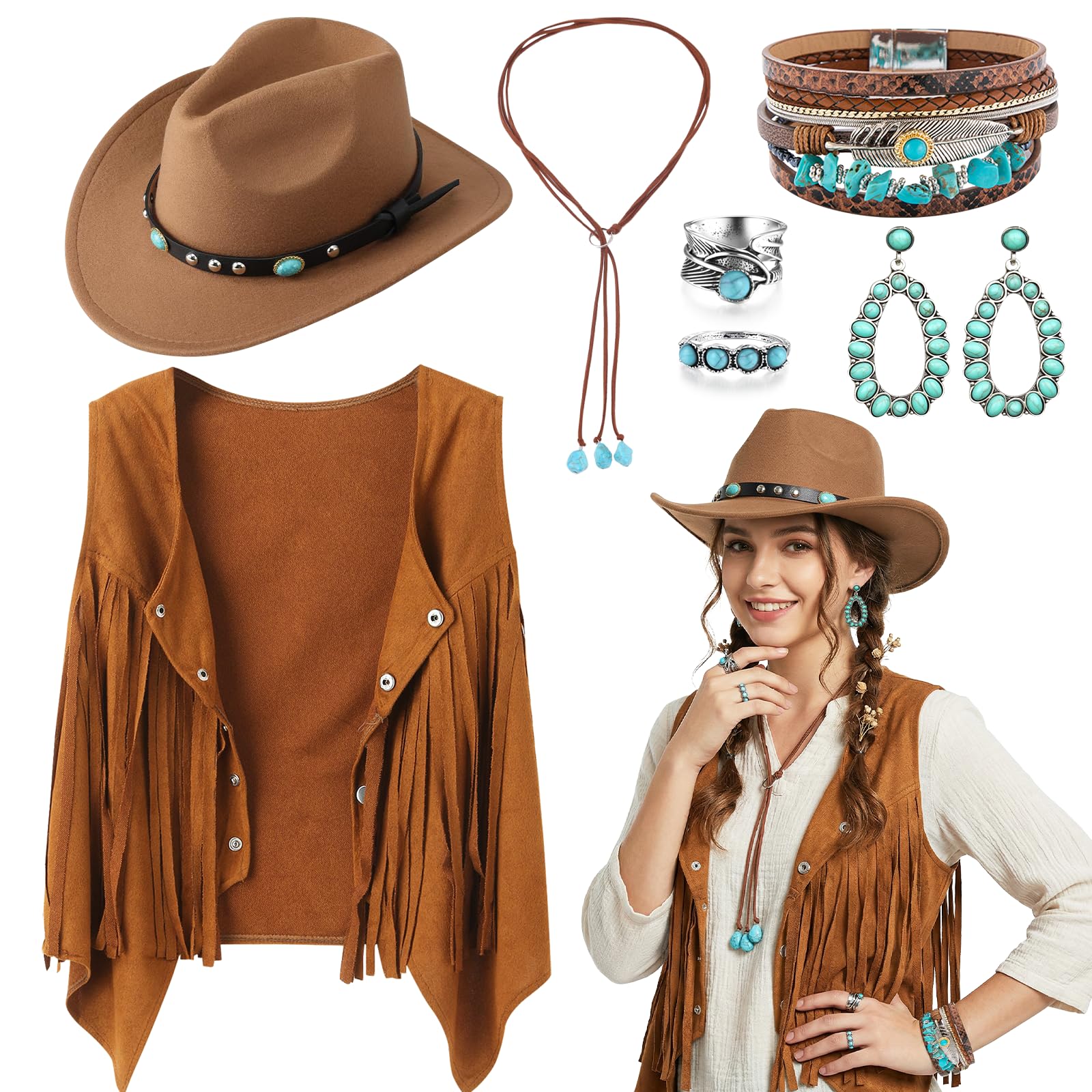 Wynlora 7Pcs Western Cowgirl Fancy Dress Set, 70s Hippie Costume Accessories for Women with Tassel Vest Cowgirl Hat Turquoise Necklace Earrings Rings Bracelets for Adult Carnival Cosplay