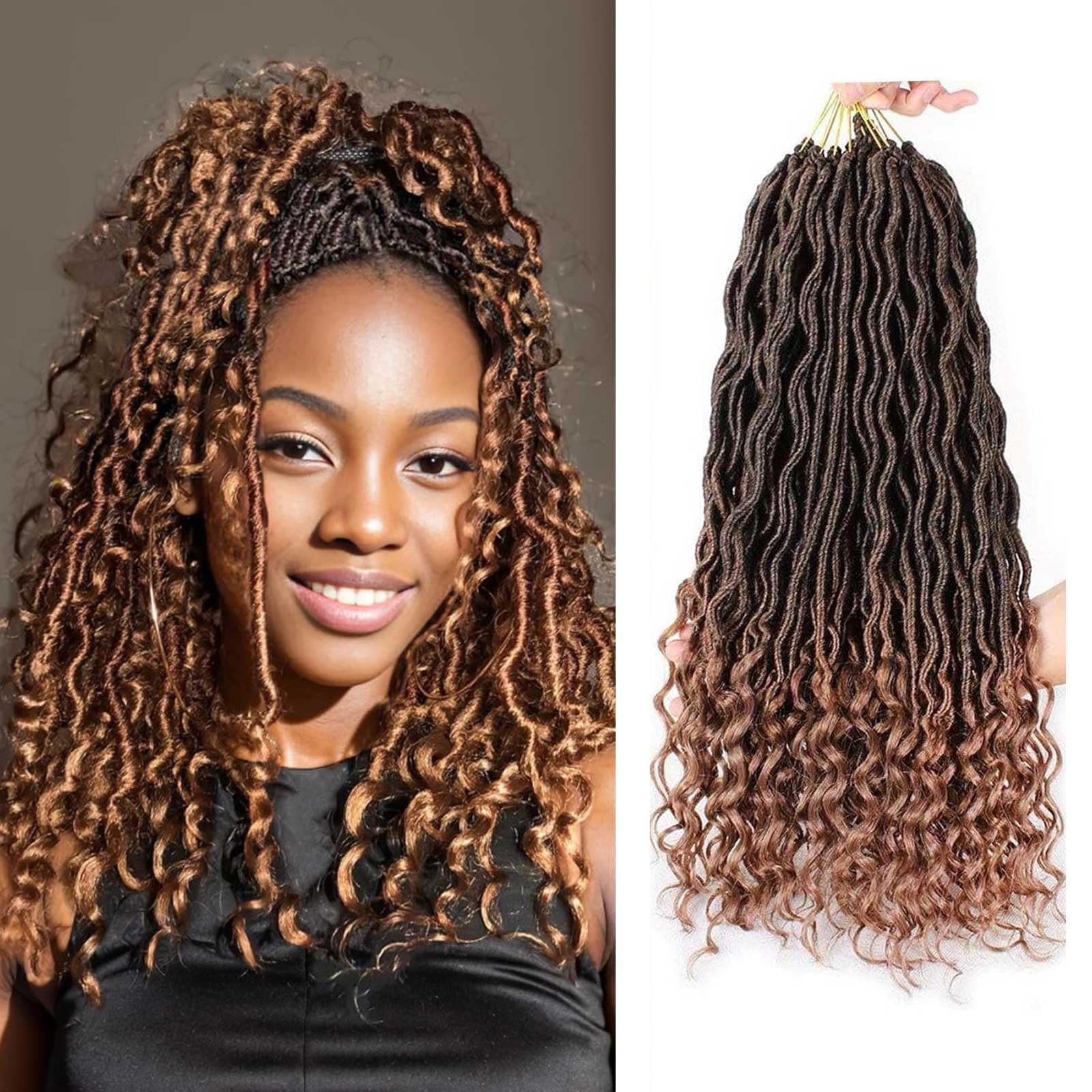 Xtrend 14 Inch 6 Packs Ombre Goddess Faux Locs Crochet Braids Curly Ends Wavy Synthetic Braiding Hair Extension Dreadlock Braiding Hair 20 Strands/Pack for Black Women T30#