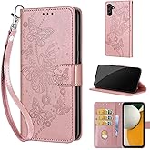 Designed for Samsung Galaxy A15 5G Case Wallet,Women Flip Folio Cover with Embossed PU Leather Stand Credit Card Holders Slots Wrist Strap Phone Case for Samsung A15 5G/4G (Rose Gold Butterfly)
