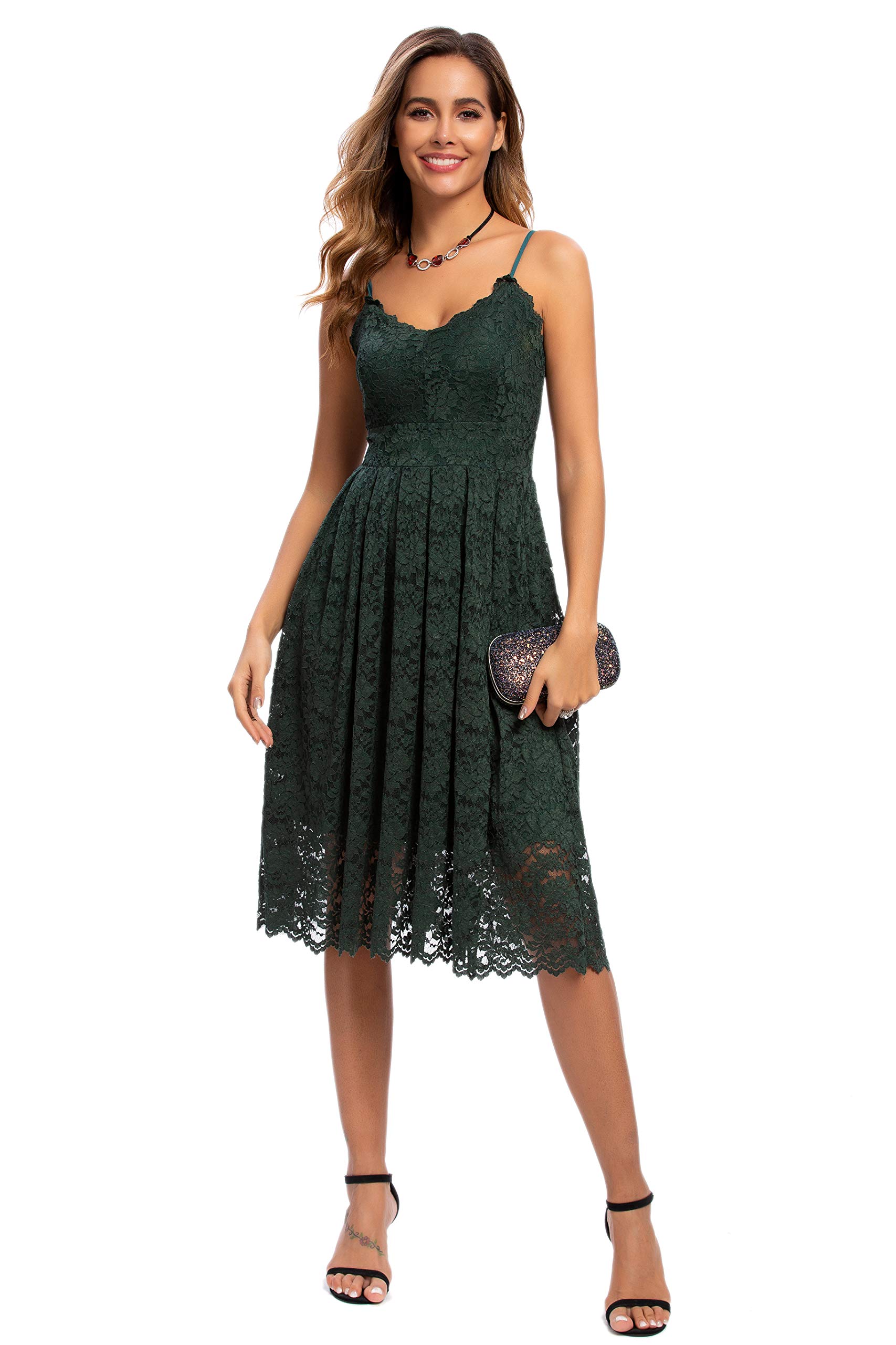 Photo 1 of Atnlewhi Womens Spaghetti Strap V Neck Sleeveless A Line Lace Dresses for Evening Cocktail Formal Wedding Guest Green