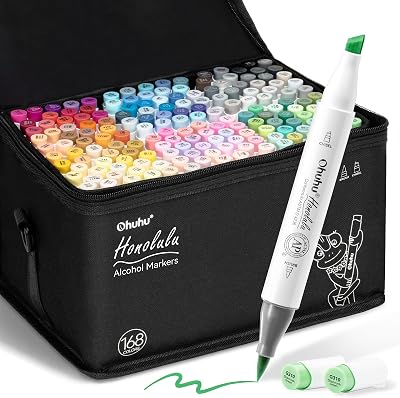 Ohuhu 168-Color Alcohol Marker Set Brush Tip Dual-Tip Refills Honolulu