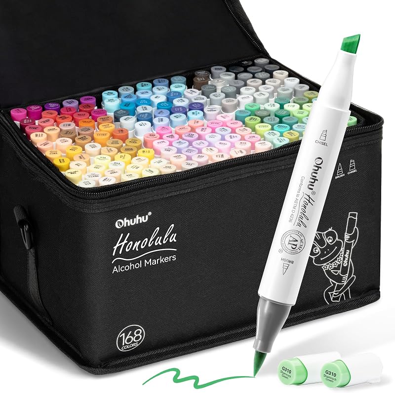 Ohuhu 168-Color Alcohol Marker Set Brush Tip Dual-Tip Refills Honolulu