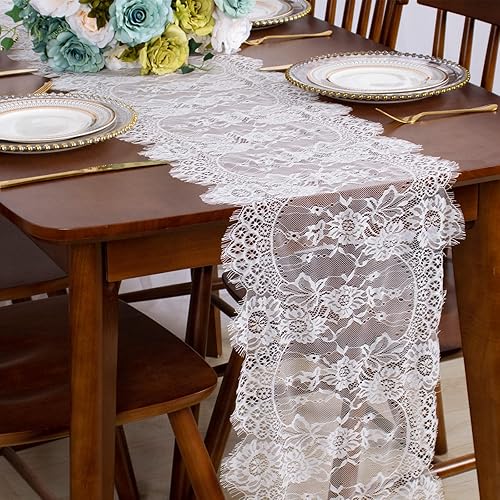 ShinyBeauty White Lace Table Runner 13x120 Inches Classic Lace Table Cover for Wedding Party Vintage Lace Table Runners Outdoor Party Decor White Floral Embroidered Lace Runner