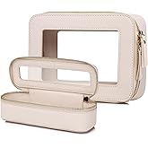 LOFOWN Clear Travel Makeup Bag with Brush Case Portable Transparent Cosmetic Bag and Toiletry Bag Waterproof Makeup Organizer with Zipper Car Essential for Women (Beige, M+Slim)