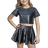 Happy Cherry 2Pcs Girls Dance Set Metallic Crop Tops with Pleated Skirt Kids Short Sleeve Shiny Jazz Disco Outfits 3-13Y