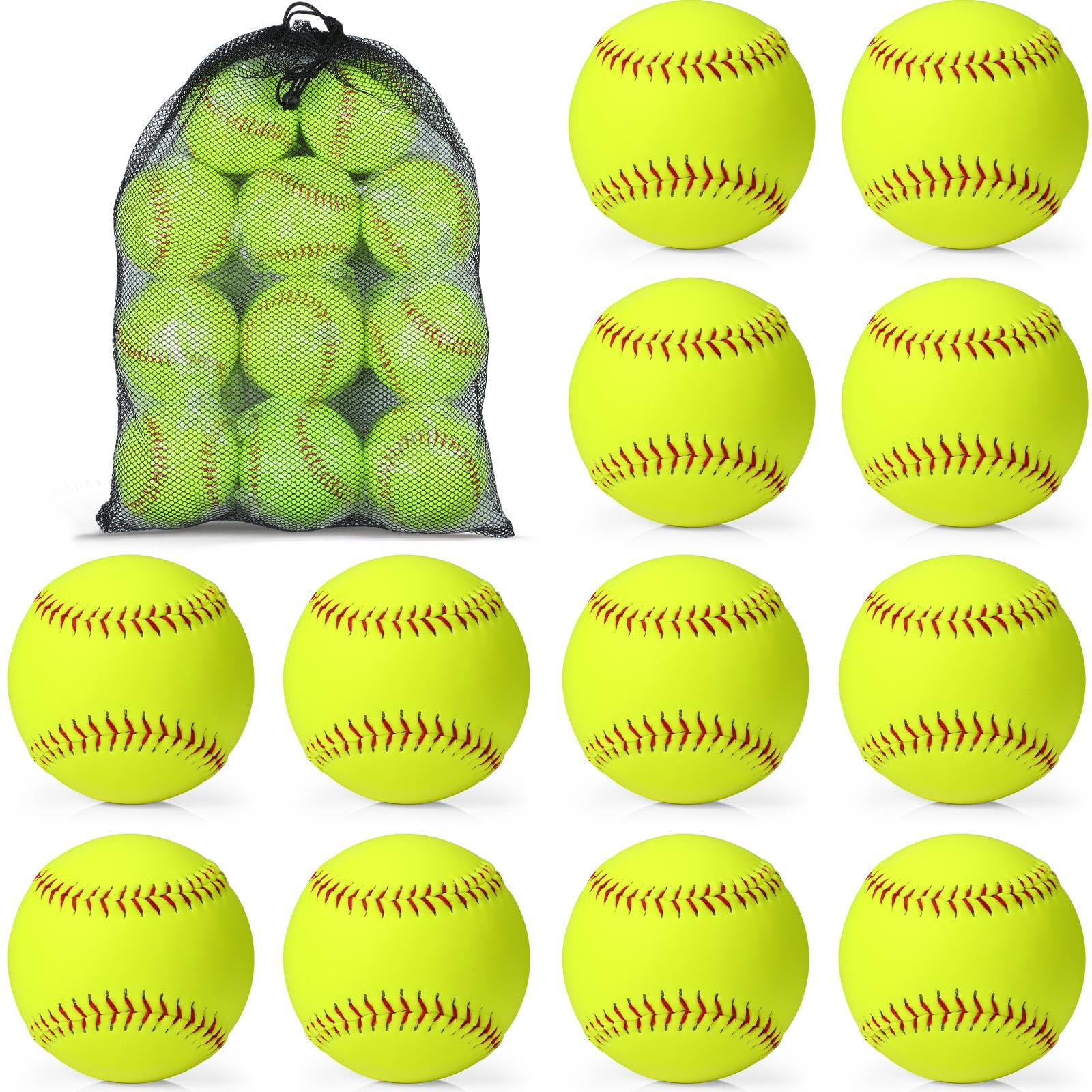 Photo 1 of Lewtemi 12 Pack Softball Bulk Yellow Sports Practice Softballs Official Size and Weight Slowpitch Softball with 1 Mesh Bag Unmarked Leather Covered Youth Fastpitch Games Practice Training (12 Inch)