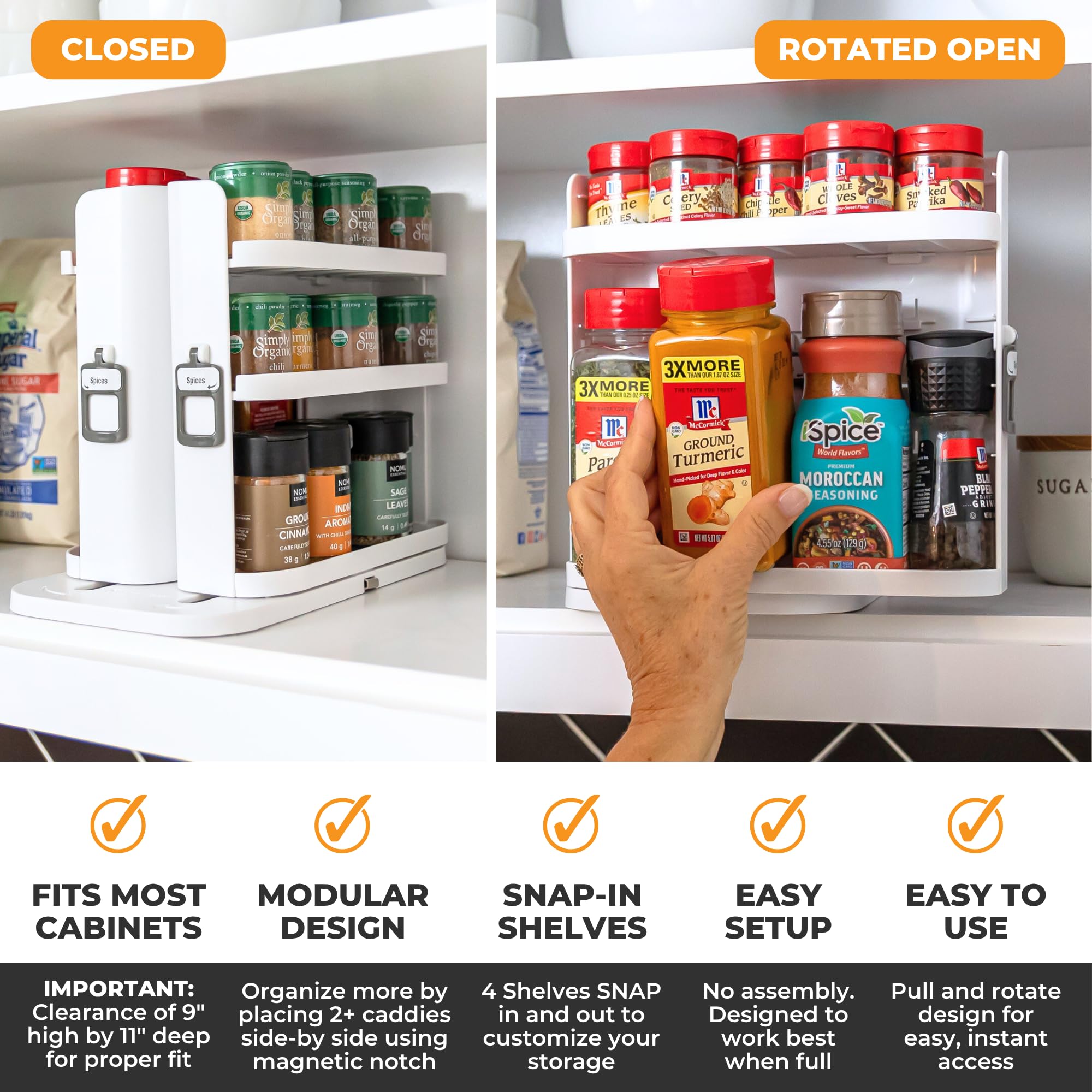 Cabinet Caddy SNAP! Spice Rack Organizer for Cabinet - Slide & Rotate Seasoning Organizer - 3 Snap-In Adjustable Shelves for 5 Tier of Storage - Magnetic Modular Design - 8.9”H x 6.1”W x 10.8”D