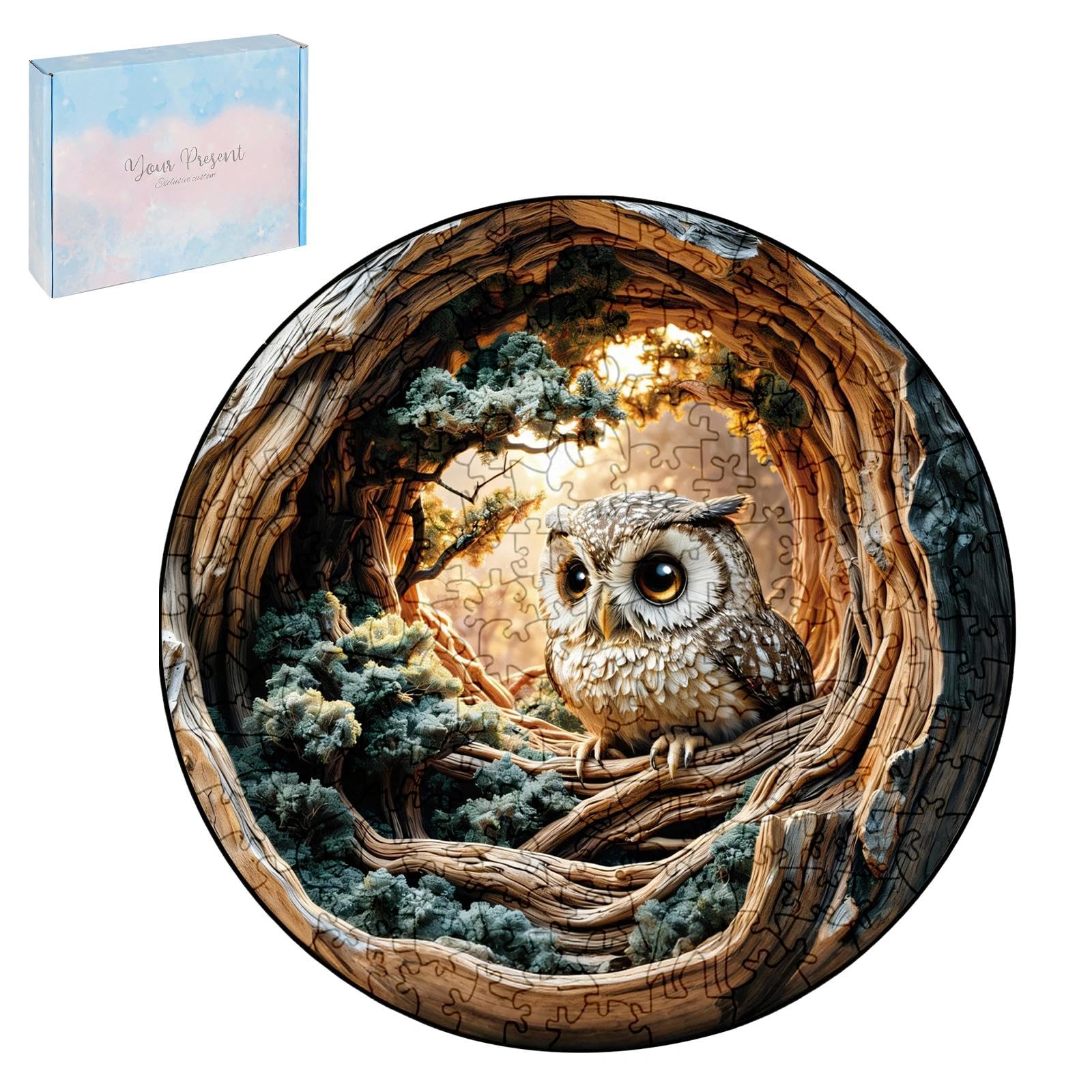 200Pcs 3D Vision Wooden Jigsaw Puzzles for Adults, Round Owl & Animal Shaped Puzzle Pieces in Gift Box, Artistic Wood Puzzle for Adult, Home Wall Decor Jigsaws