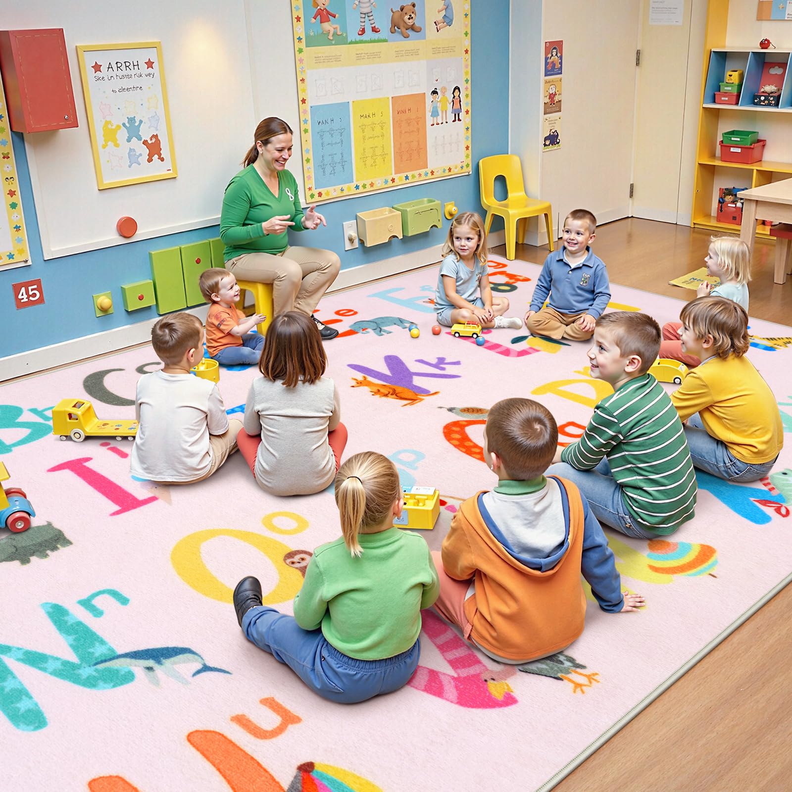 Photo 1 of ***USED***LIVEBOX 7'5" x 13' Pink ABC Kids Classroom Carpet, Large Washable Alphabet Educational Learning Area Rugs for Classroom Elementary, Non-Slip Pastel Preschool Kids Teacher Rug for Kindergarten Daycare