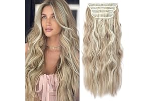 LEEONS Clip in Natural Hair Extensions Long Wavy 4PCS Thick Hairpieces Dark Ash Blonde Mixed Bleach Blonde Double Weft Synthetic 20 Inch for Women (4pcs, 20Inch, 16H613#)