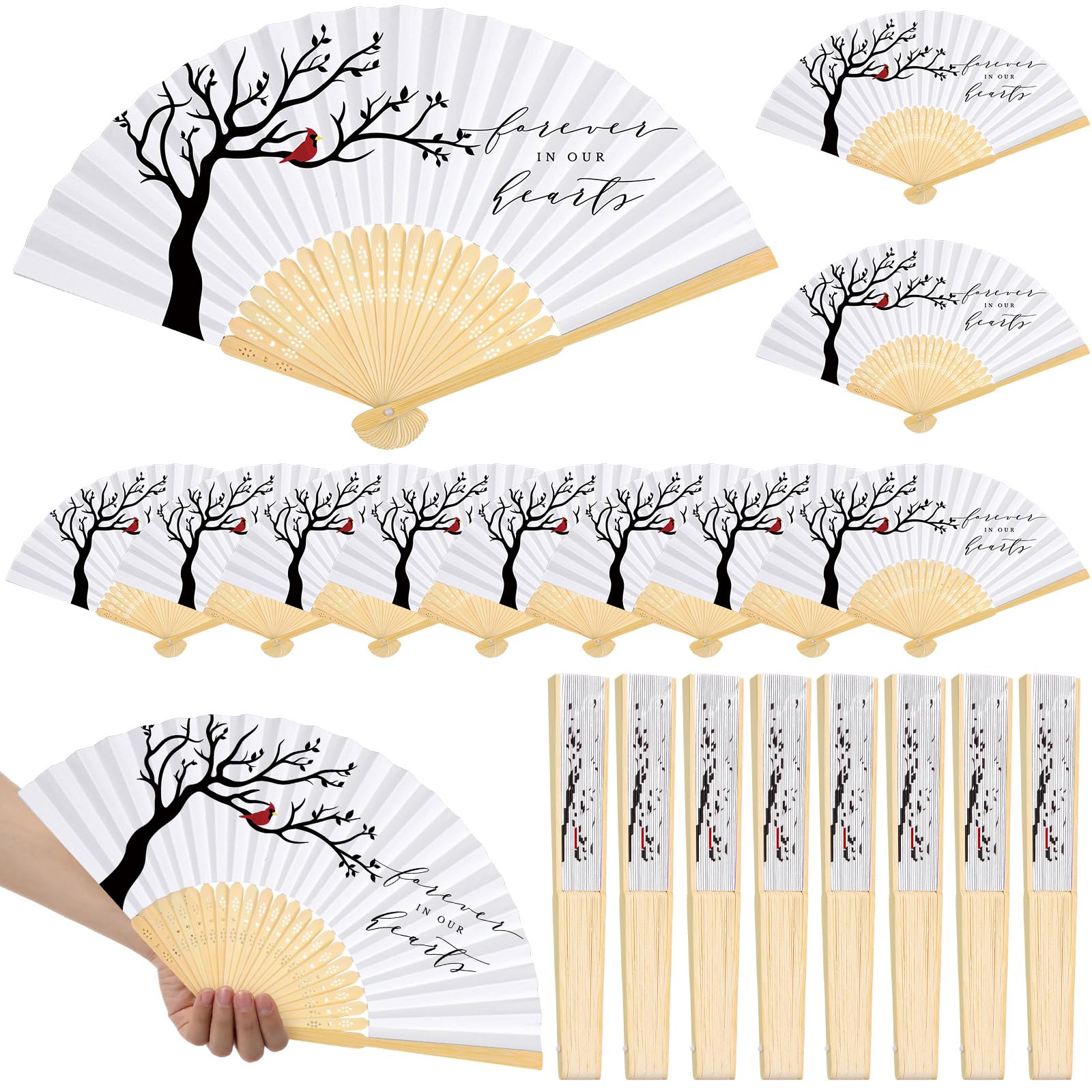 Photo 1 of Threehoney 25 Pcs Funeral Favors Fans Forever in Our Hearts Folding Fan Memorial Handheld Paper Celebration of Life Decorations Fans for Guest Funeral Condolence Sympathy Gift(Red,Cardinal)
