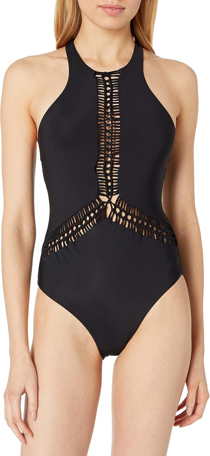 Red Carter Women's Macrame High Neck Maillot Bathing Swim Suit One
