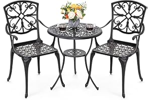 NUU GARDEN 3 Piece Outdoor Bistro Set Cast Aluminum Patio Set Bistro Table Set Rustproof Patio Table and Chairs with Umbrella Hole for Backyard, Balcony, Front Porch, Black
