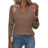 Zeagoo Womens V Neck Sweaters Shirts Long Sleeve Lightweight Ribbed Knit Pullover Sweater Blouse Tops with Buttons Oufits
