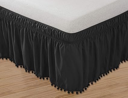 Elegant Comfort Top-Knot Tassle Pompom Fringe Ruffle Skirt Around Style Elastic Bed Wrap-Wrinkle Resistant 16inch Drop, Queen/King, Black