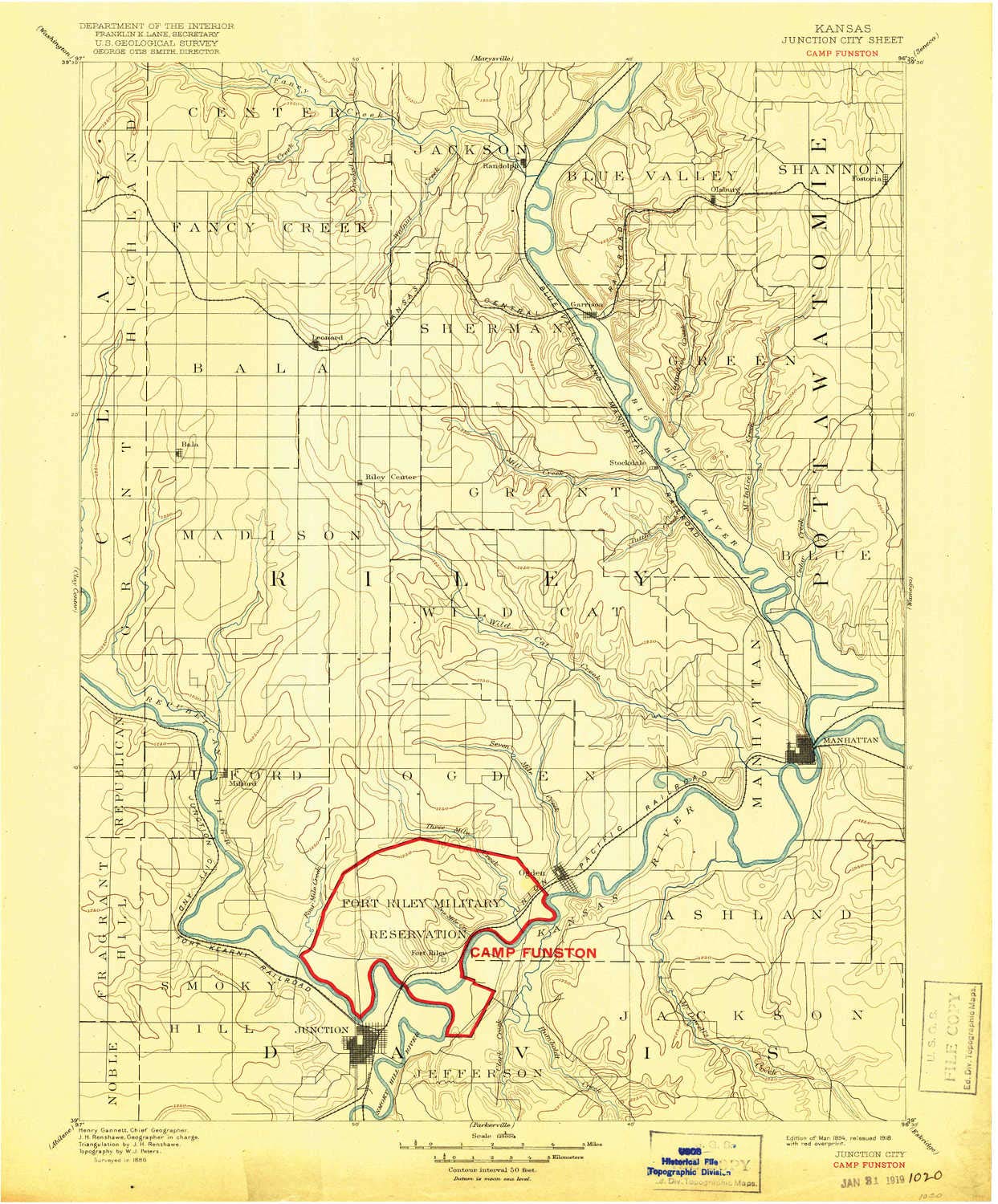 YellowMaps Junction City KS topo map, 1:125000 Scale, 30 X 30 Minute, Historical, 1894, Updated 1918, 19.88 x 16.48 in