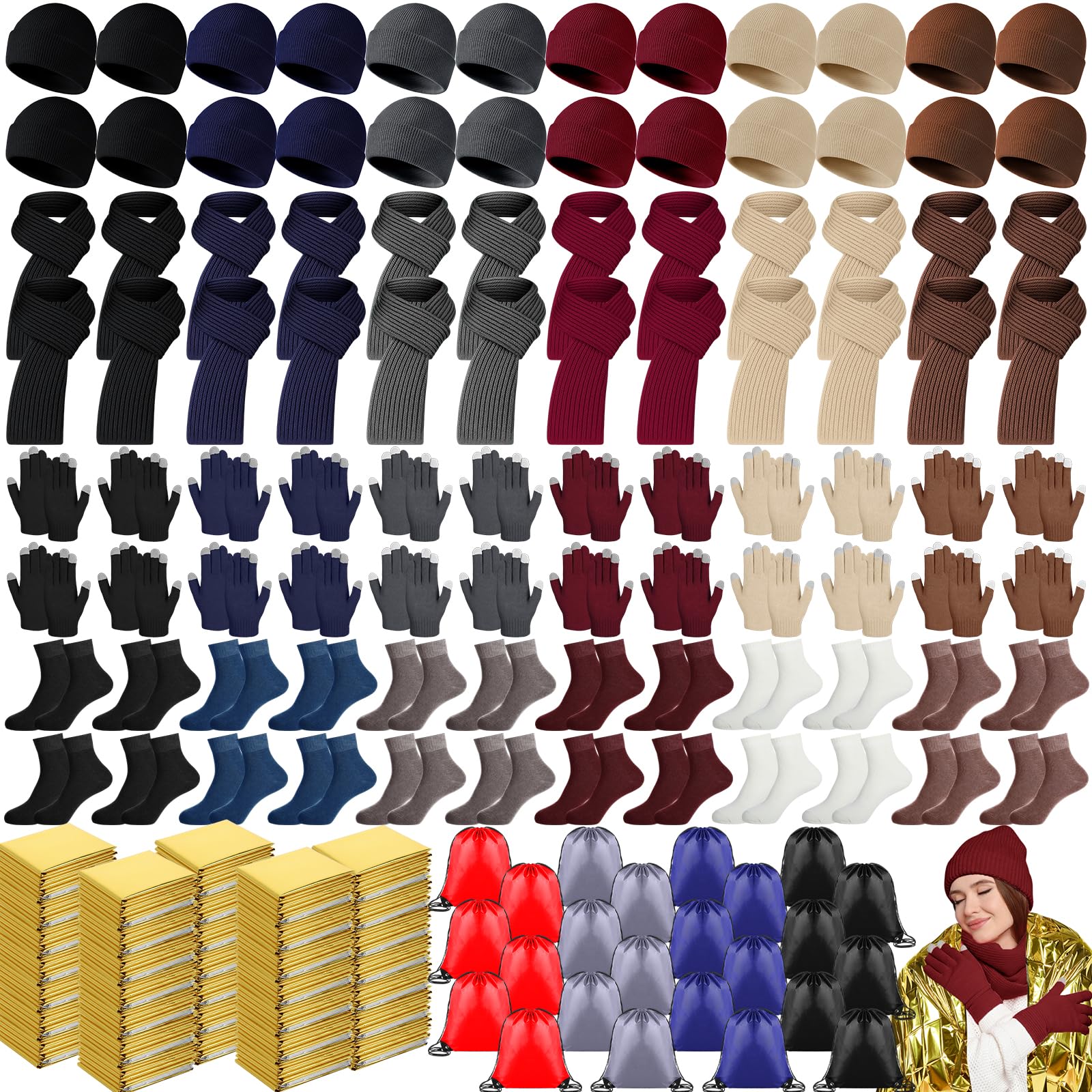 Photo 1 of *MISSING PARTS UNKNOWN*
Jamntower 144 Pcs Homeless Care Supplies Bulk Emergency Blanket Beanies Hat Scarf Winter Touchscreen Gloves Thermal Socks Drawstring Bag for Cold Weather Outdoor Camping Hiking Survival (Neutral)