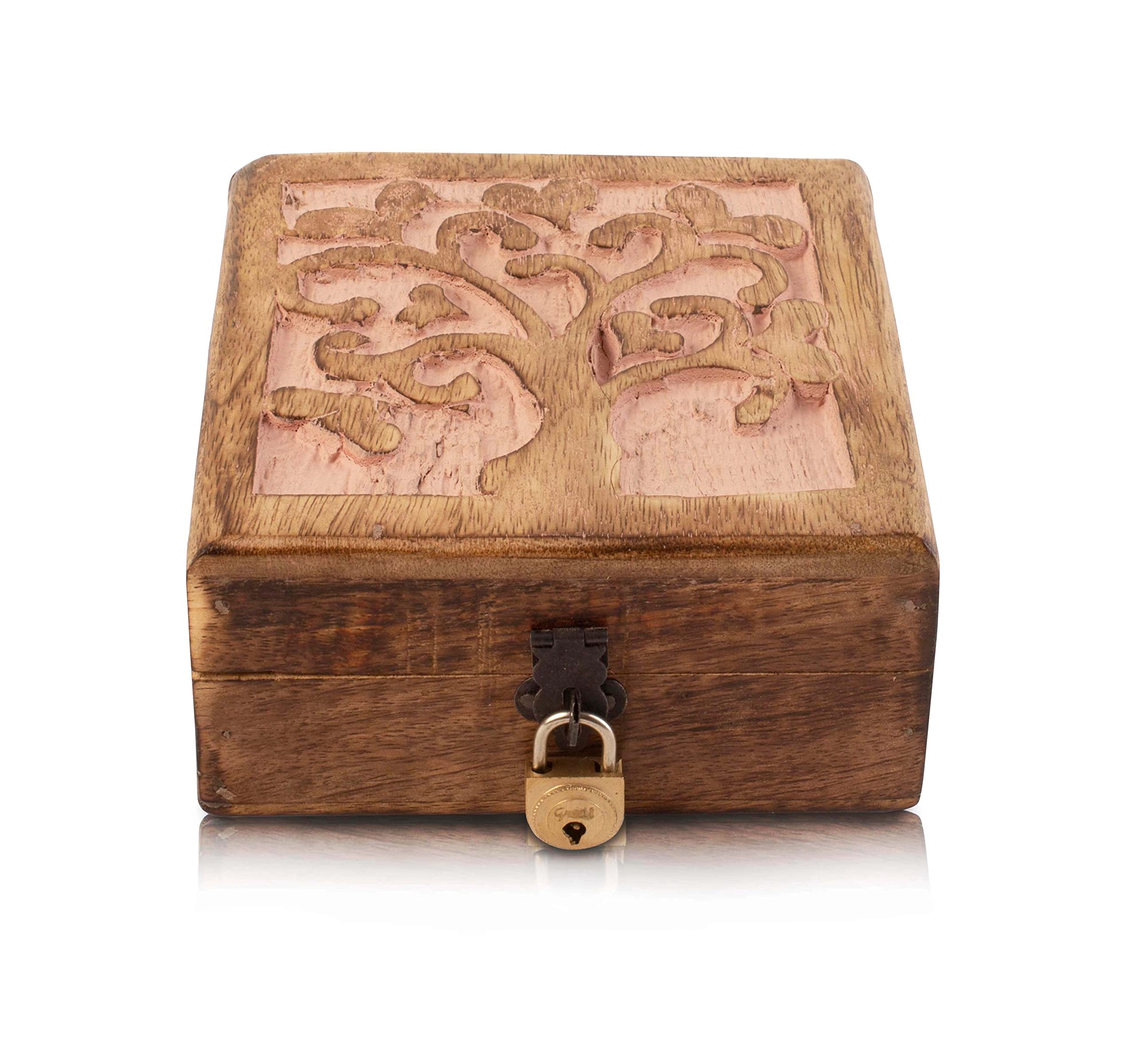 Great Birthday Gift Handmade Decorative Wooden Jewellery Keepsake Box With Tree Of Life Carving & Lock & Key Jewellery Organizer Treasure Chest Trinket Holder Watch Storage Lock Box