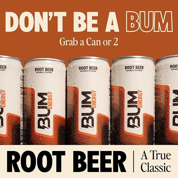 BUM SUGAR-FREE ENERGY DRINK, ROOT BEER – LIGHTLY CARBONATED & NO ARTIFICIAL COLORS, NATURAL CAFFEINE & CITICOLINE FOR ENERGY & FOCUS, BRAIN BOOST & WORKOUT SPORTS BEVERAGE – 12 OZ, PACK OF 12