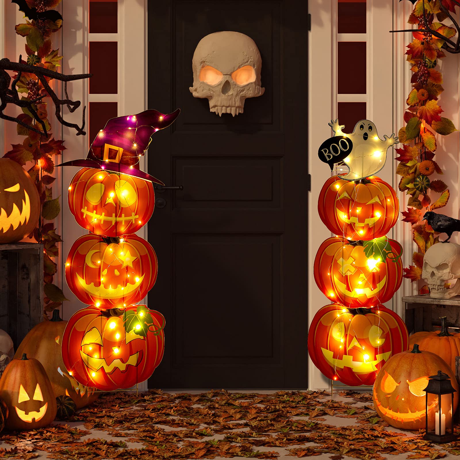 Photo 1 of Jetec 2 Pcs 44 Inch Outdoor Halloween Decorations Light up Pumpkin Yard Stakes Plastic Stacked Pumpkin Witches Hat Boo Ghost Stake Sign with LED String Lights for Outside Home Lawn Pathway Party