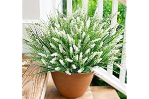 HYEFLORA Artificial Fake Outdoor Plants Flowers for Summer Decoration,10 Bundles Faux Plastic Tall Monkey Grass Greenery UV Resistant Realistic for Home Outside Planter Window Porch Patio Garden-White