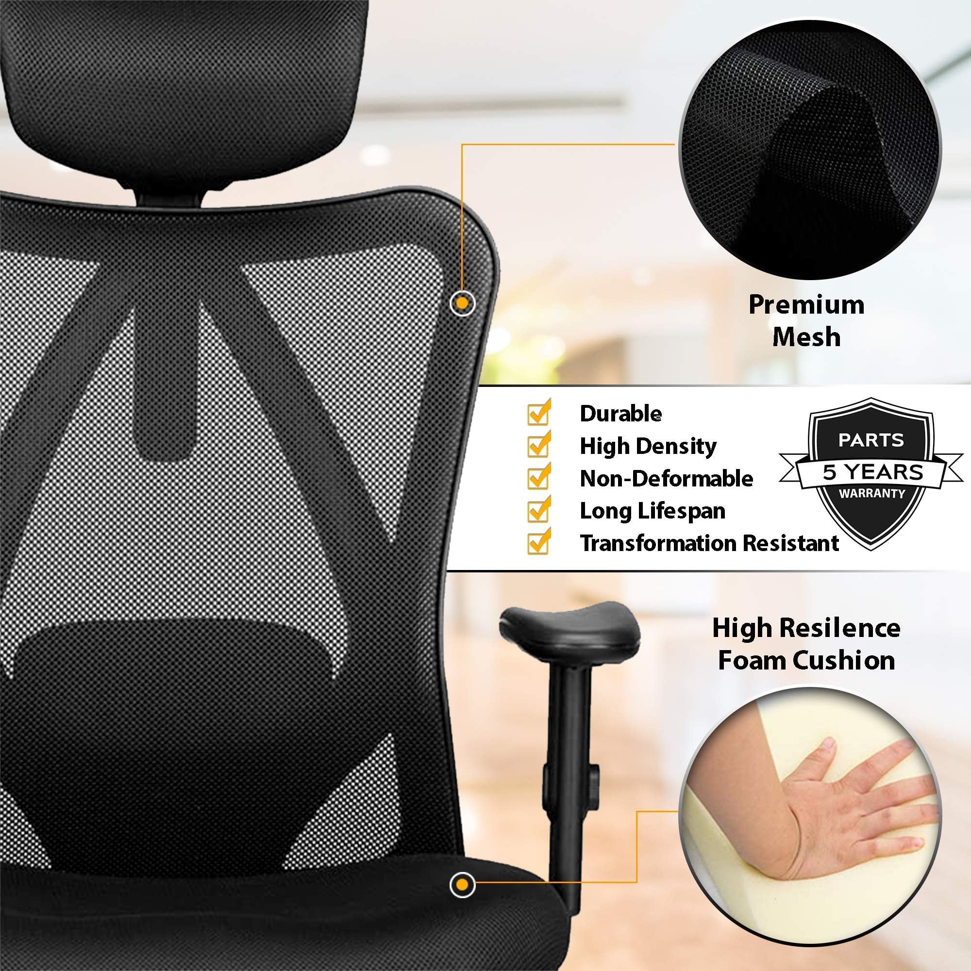 Ergonomic Office Chair - Adjustable High-Back Desk Chair with Lumbar Support, Rollerblade Wheels, Breathable Mesh, Thick Seat Cushion, Headrest Armrests - Reclining Executive Computer Home Chair - Image 5