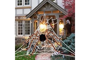 Criebeo 212" Halloween Spider Web + 59" Giant Spider Decorations,Scary Spider with Extra Large Spider Web for Outdoor Halloween Decorations Yard House Décor(Orange)