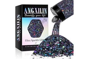 ANGXILIN Holographic Chunky Glitter, 190g/6.7oz Chunky and Fine Mixed Craft Glitter, Bulk Laser Sequin Glitter for Face Body Nail Art,Epoxy Resin Tumbler Jewelry Making Glitter (Laser Black)