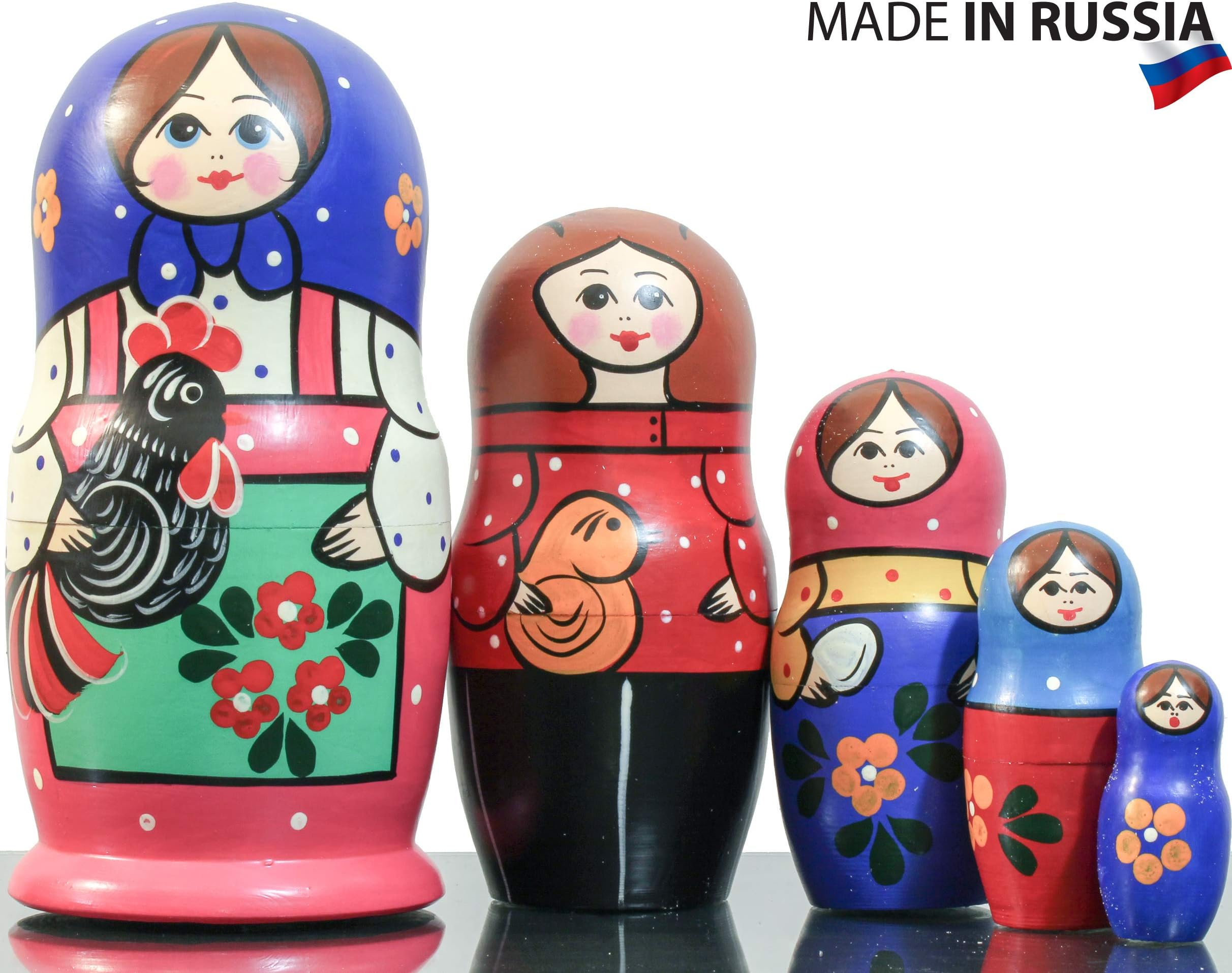 Russian Nesting Doll - Russian Classical - Hand Painted in Russia - 6 Color|Size Variations - Wooden Decoration Gift Doll - Traditional Matryoshka Babushka (6,75``(5 Dolls in 1), Design I)