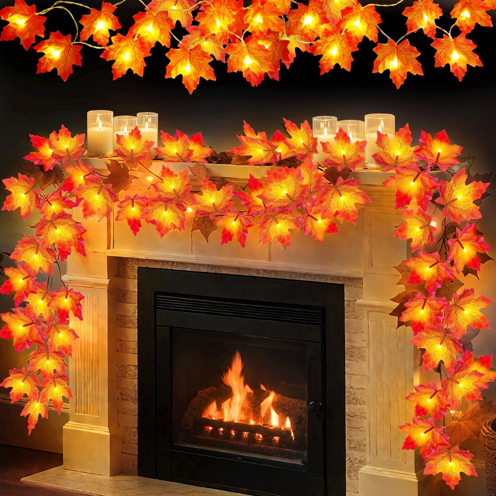 Photo 1 of 4 Pack Fall Decor Fall Garland with Lights Halloween Fall Decorations for Home, Total 40Ft 80LED Enlarged Maples Leaves Garland Fall Lights Battery Operated Thanksgiving Decor Indoor Outdoor Christmas