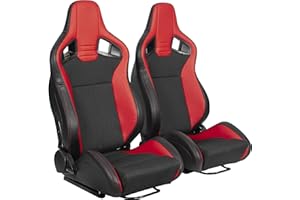 ELOUNTIK 2 Pcs Adjustable Universal Racing Seats with Double Sliders, PVC Leather Upholstered Reclinable Bucket Seats, 1 Pair of Sport Seats for Vehicles (Black & Red with Red Stitching, 19.9"x21.7"x37")